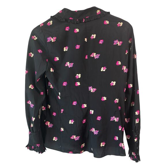 Rebecca Taylor Blouse Black Pink 6 Floriana Long Sleeve Silk Feminine Floral Top - Picture 5 of 15